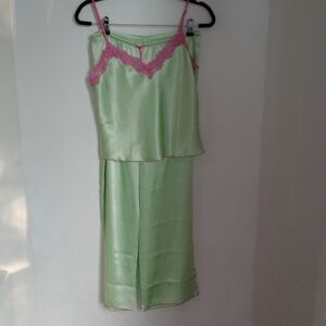 VTG Lucy Pereda Green Satin Pink Lace Trim Cami Pants PJ Pajama Set Sz M Lounge